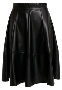 Svart läderkjol med hög midja, plisserad design och utsvängd silhuett. Slät textur med synliga sömnadsaccenter.