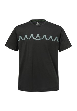 Schwarzes T-Shirt aus Baumwolle mit einem hellblauen Wellenmuster quer über der Brust und einem dreieckigen Logo darunter. Rundhalsausschnitt.