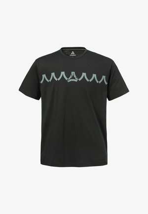 Schwarzes T-Shirt aus Baumwolle mit einem hellblauen Wellenmuster quer über der Brust und einem dreieckigen Logo darunter. Rundhalsausschnitt.