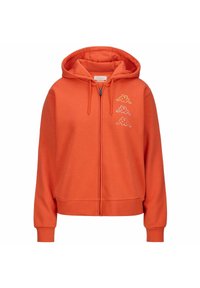 Felpa zip arancione realizzata in morbido misto cotone, con un ampio cappuccio, polsini a coste e tre piccole grafiche del logo in giallo e bianco sul petto.