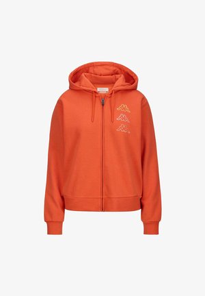 Felpa zip arancione realizzata in morbido misto cotone, con un ampio cappuccio, polsini a coste e tre piccole grafiche del logo in giallo e bianco sul petto.