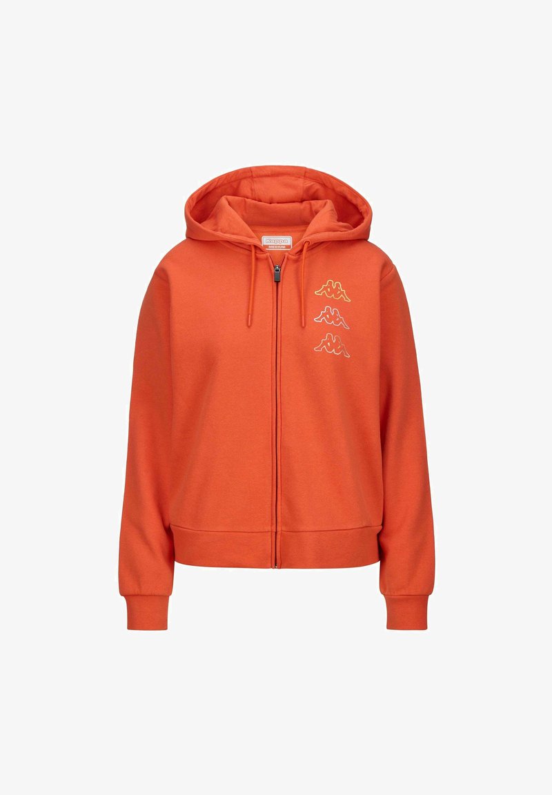 Felpa zip arancione realizzata in morbido misto cotone, con un ampio cappuccio, polsini a coste e tre piccole grafiche del logo in giallo e bianco sul petto.