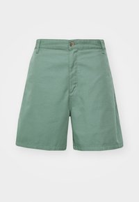 Pantalones cortos de algodón verde, a la altura de la rodilla, con cierre de botón y pasadores para cinturón, con una textura sencilla y líneas limpias. No hay bolsillos visibles.