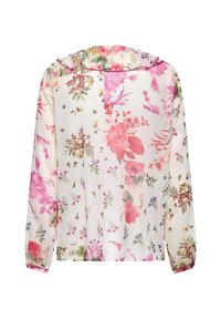 Blusa floral de manga larga, hecha de tela ligera. Presenta un fondo en tonos pastel con patrones florales en rosa y verde. Cuello con volantes.