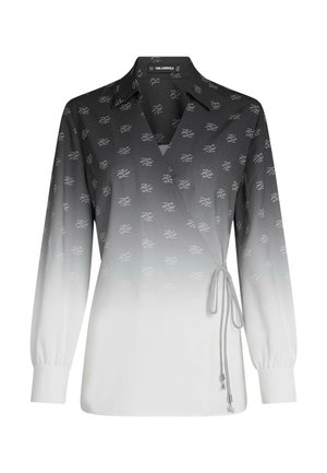 Blusa a maniche lunghe con scollo incrociato, sfumatura dal nero al bianco, piccolo motivo logo bianco sparso e dettaglio con laccio laterale in vita.