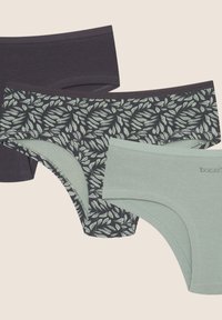 Trzy pary bielizny damskiej: ciemnoszara, jasnoblada i w wzory liści w odcieniach zieleni i szarości. Miękka bawełniana tkanina, bezszwowe krawędzie.