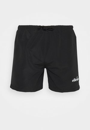 Schwarze Badeshorts aus leichtem Stoff, mit einem Gummizug am Bund und einem weißen Logo auf der unteren rechten Seite.