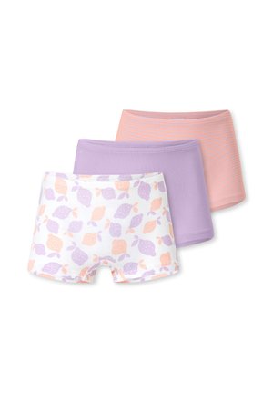 Drei Boxer-Shorts für Mädchen in Pastellfarben: weiß mit orangefarbenen und lila Zitronen, einfarbig Lavendel und orange mit dünnen lila Streifen.