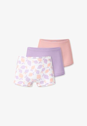 Three girls' boxer briefs in pastel colors: white with orange and purple lemons, solid lavender, and orange with thin purple stripes.