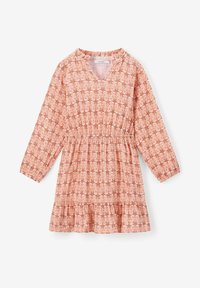 Rotes und cremefarbenes gemustertes Kleid mit langen Ärmeln, V-Ausschnitt, elastischem Bund und rüschensaum. Hergestellt aus leichtem Stoff.