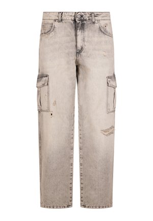 Beige Acid-Wash-Cargohose mit Knopfverschluss, Fronttaschen, seitlichen Klappentaschen und abgenutzten Details an Oberschenkeln und Beinen.