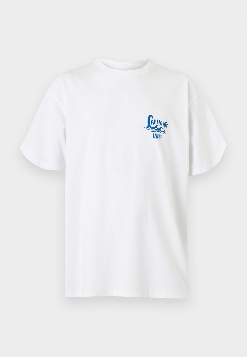 T-shirt bianca a maniche corte con scollo rotondo, con piccolo logo blu "Carhartt WIP" con design a onde sul petto sinistro.