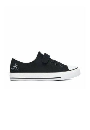 Sneaker nero basso con suola in gomma bianca, lacci, cinturino in velcro e logo Beverly Hills Polo Club sul lato.