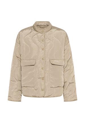 Šviesiai smėlio spalvos siuvinėta striukė, pagaminta iš lygaus audinio, su apvalia apykakle, priekiniais mygtukais ir dviem kišenėmis.