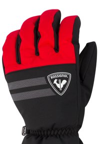 Červeno-černé izolované rukavice s texturovaným povrchem, tři segmentované prsty, nášivka s logem a reflexními akcenty.