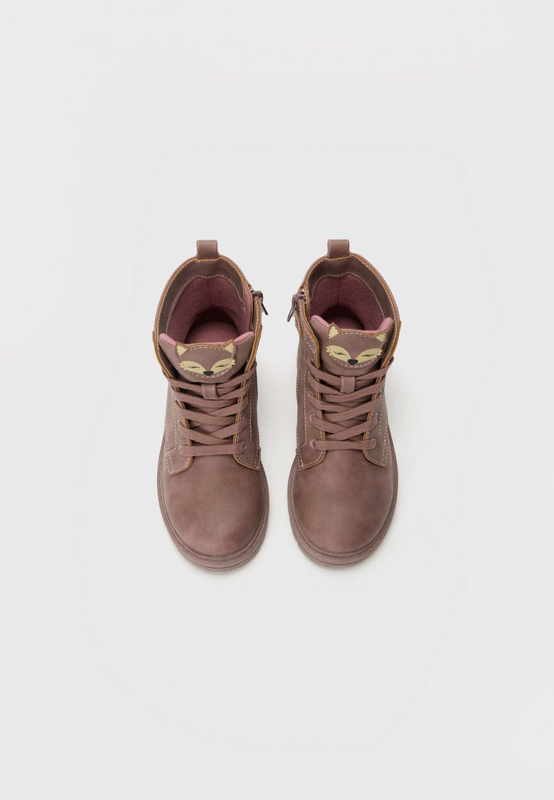 Brown leather ankle boots with laces, side zipper, and a fox design on the tongue; textured finish and padded interior for comfort.
