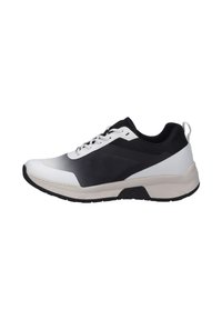 Athletic shoes featuring a black mesh upper with white accents, a curved white and gray sole, and contrasting laces. Textured finish throughout.