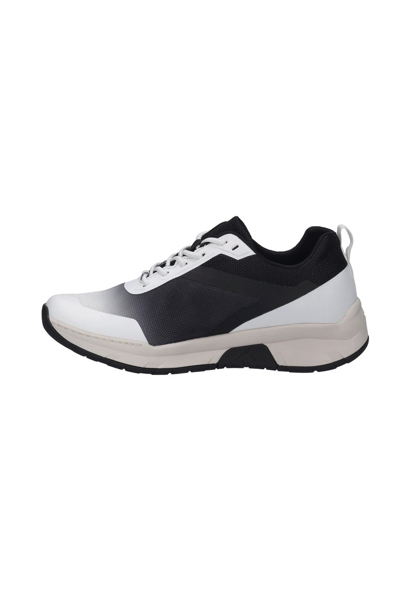 Athletic shoes featuring a black mesh upper with white accents, a curved white and gray sole, and contrasting laces. Textured finish throughout.