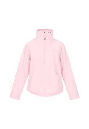 Világos rózsaszín, cipzáras dzseki magas gallérral és két oldalsó zsebbel, mellkason egy kis logóval. Elölnézet, egyszínű háttér.