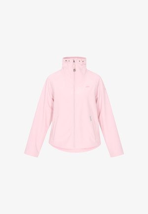 Giacca a zip rosa chiaro con colletto alto e due tasche laterali, con un piccolo logo sul petto. Vista frontale, sfondo neutro.