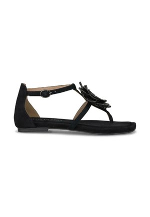 Sandalo in suede nero con punta aperta, fascia a T e decorazione floreale in perline. Presenta una fascia alla caviglia regolabile e una suola piatta.
