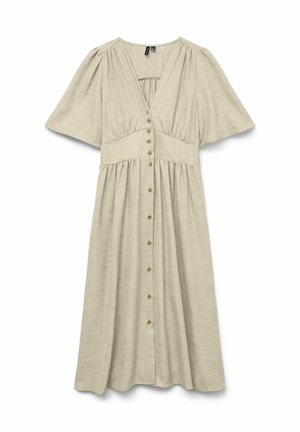 Midi-jurk van lichtbeige stof, v-hals, korte puffmouwen en een oprolsluiting aan de voorkant met houten knopen. Vloeiende rok onder de taille.