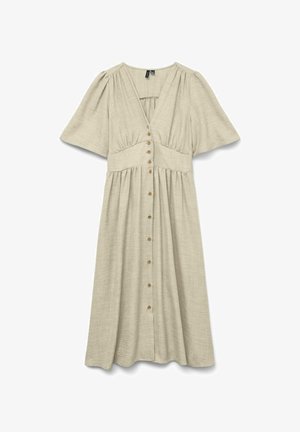 Midi šaty z hnědobéžové látky, v výstřihem do V, krátkými nabíranými rukávy a zapínáním na přední straně s dřevěnými knoflíky. Volná sukně pod pasem.