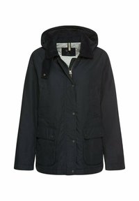 Zwarte capuchonjack met voorrits en drukknoopsluiting, twee klepzakken en een corduroy kraag, afgebeeld tegen een witte achtergrond.