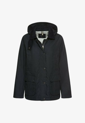 Veste noire à capuche avec fermeture éclair à l'avant et boutons-pression, deux poches à rabat et col en velours côtelé, présentée sur un fond blanc.