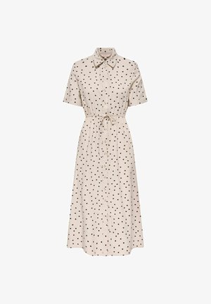 Beige midi-jurk met zwarte polka dots, korte mouwen, knoopsluiting aan de voorkant, puntige kraag en verstelbare tailleband.