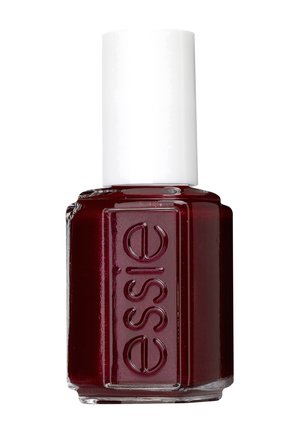 Bordeauxkleurige nagellak in een vierkante glazen fles met een witte dop, met de merknaam "essie" in reliëf aan de zijkant.