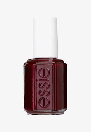 Bordeauxkleurige nagellak in een vierkante glazen fles met een witte dop, met de merknaam "essie" in reliëf aan de zijkant.
