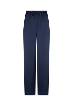 Navy blue, lightweight, straight-leg pants with an elastic waistband and drawstring. Smooth texture and no patterns or additional hardware.