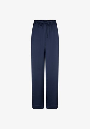 Marineblauwe, lichtgewicht, rechte broek met een elastische tailleband en aantrekkoord. Gladde textuur zonder patronen of extra sluitingen.