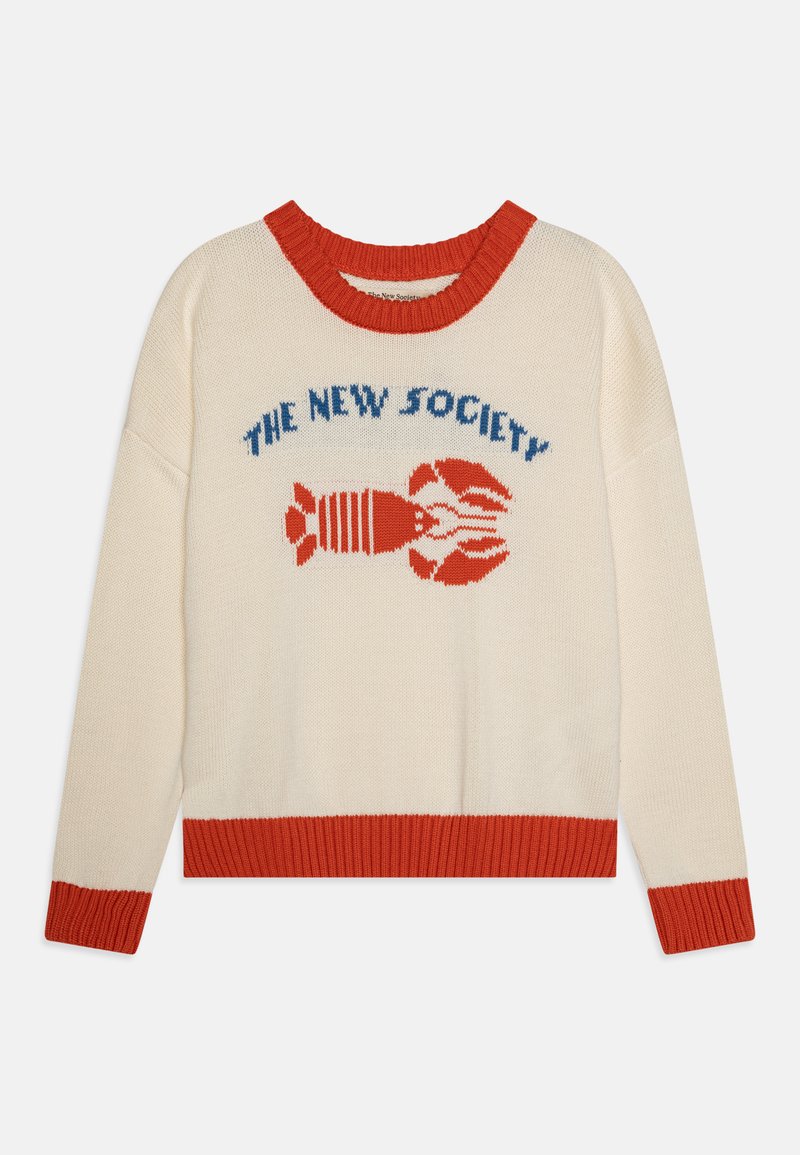 Pull en tricot crème avec des accents rouges, arborant un graphique de homard et le texte "THE NEW SOCIETY" en bleu, encolure et ourlet côtelés.