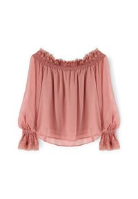 Blusa rosa off-the-shoulder realizzata in tessuto leggero, con collo arricciato e maniche rifinite in pizzo. Vestibilità ampia con dettagli arricciati.