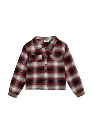 Camicia a quadri rossa, nera e bianca con maniche lunghe, collo e due tasche sul petto, progettata per bambini.