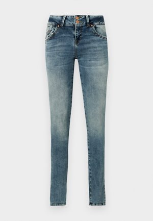 Jeans skinny in denim azzurro chiaro, con leggere sfumature, chiusura a due bottoni, design a cinque tasche e passanti per cintura in vita.