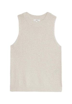 Ærmeløs beige strikket sweatervest med ribbet rund halsudskæring og kant, blødt tekstureret stof.