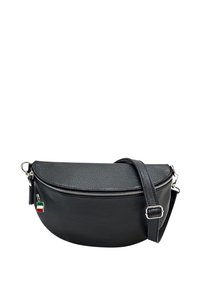 Schwarze Leder-Umhängetasche mit runder Form, Reißverschluss und verstellbarem Schulterriemen. Mit einem kleinen Charm in Form der italienischen Flagge. Strukturierte Oberfläche.