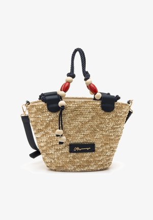 Bolso tejido de paja con detalles en cuero azul marino, asas redondas y cuentas decorativas en colores rojo y natural. Cuenta con una etiqueta con el logo.