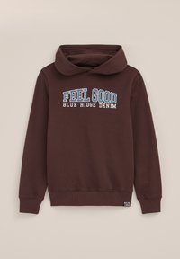 Ruskea huppari, jossa on suuri "FEEL GOOD BLUE RIDGE DENIM" -teksti valkoisella ja sinisellä etupuolella. Ominaisuuksiin kuuluu huppu ja röyhelöidyt hihansuuhat. Pehmeä materiaali.