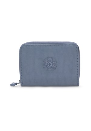 Blue fabric wallet with a rounded rectangular shape, textured finish, zipper closure, and a round logo accent on the front.