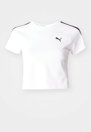 White cropped t-shirt made of cotton, featuring black shoulder accents and a small black logo on the left chest area.