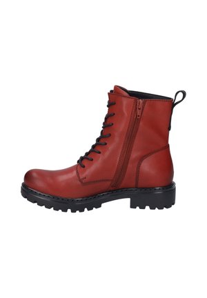 Bottines en cuir rouge avec lacets et fermeture éclair sur le côté. Tige texturée, semelle en caoutchouc noir robuste et tirette noire à l'arrière.