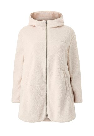 Kremfarvet fleecejakke med hætte, lange ærmer, lynlås foran og skrå sidelommer, lavet af blødt tekstureret stof.