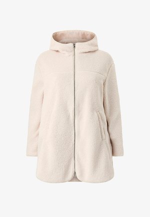 Cream-colored, long-sleeve, hooded fleece jacket with front zipper and slanted side pockets, made of soft textured fabric.