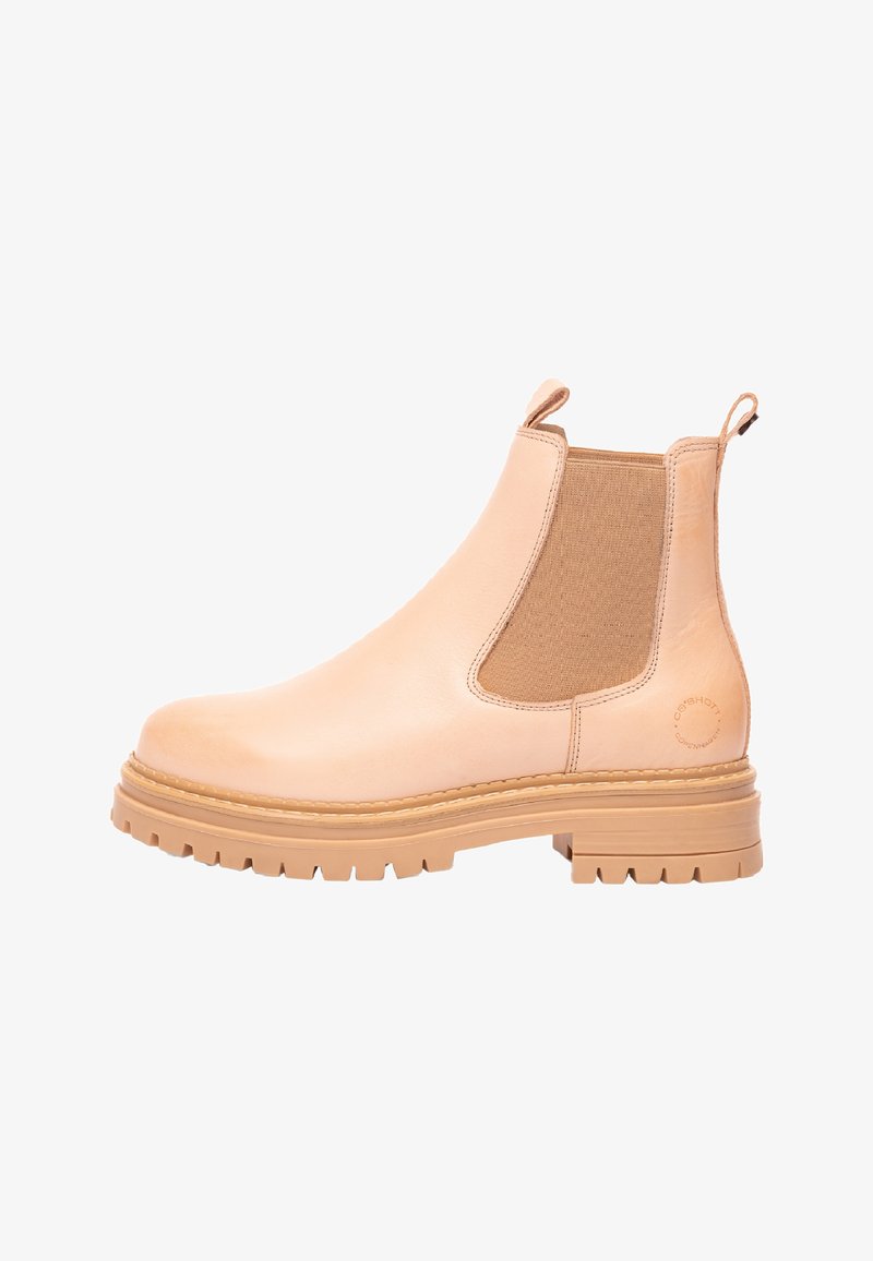 Botte Chelsea en cuir beige clair avec panneaux latéraux élastiques, languette de traction et semelle en caoutchouc robuste. Comprend une bordure cousue et un design à bout rond.