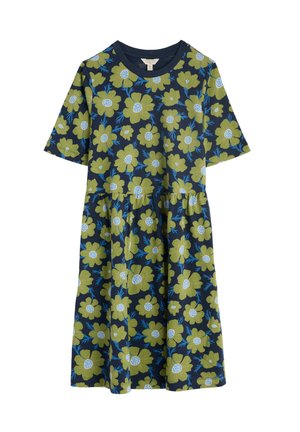 Blumenkleid mit navyfarbenem Hintergrund, das große grüne und blaue Blumen zeigt. Kurze Ärmel, runder Halsausschnitt und geraffte Taille. Aus Baumwollmaterial.