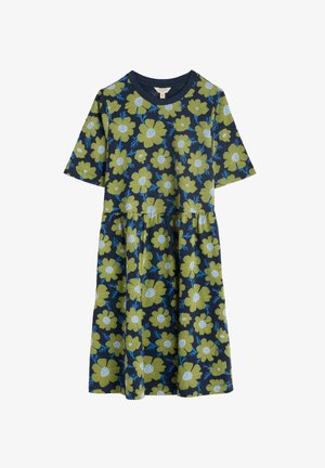 Abito floreale con fondo blu navy, caratterizzato da grandi fiori verdi e blu. Maniche corte, scollatura rotonda e vita arricciata. Materiale in cotone.
